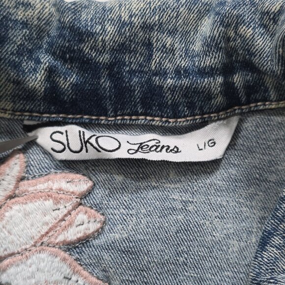 Suko Jeans Denim Jacket Women L Blue Acid Wash Floral Embroidery Stretch Y2K - Picture 3 of 16